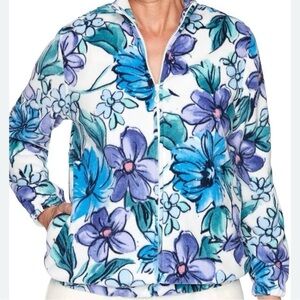 Alfred Dunner Blue & Purple Fleece Full Zip Floral Jacket Coat Small - Medium